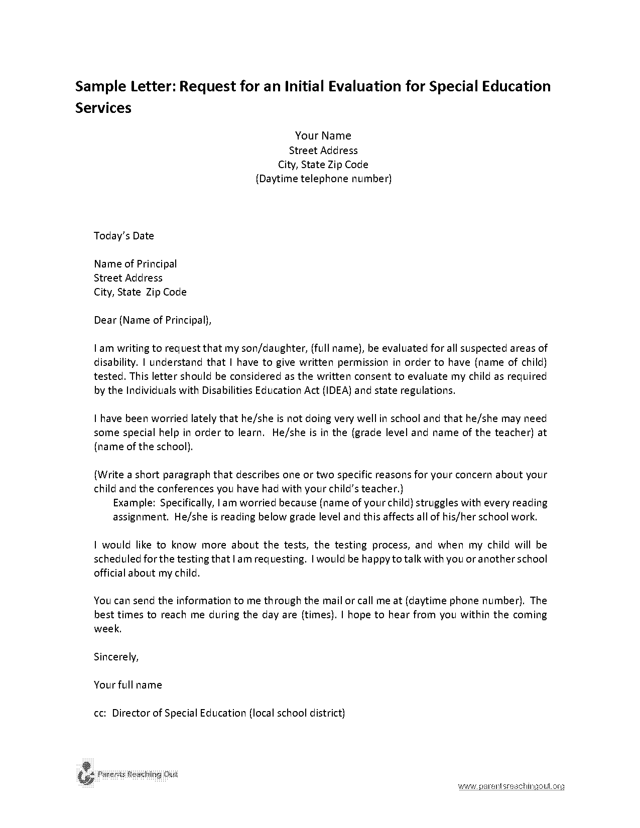 request for evaluation special education letter