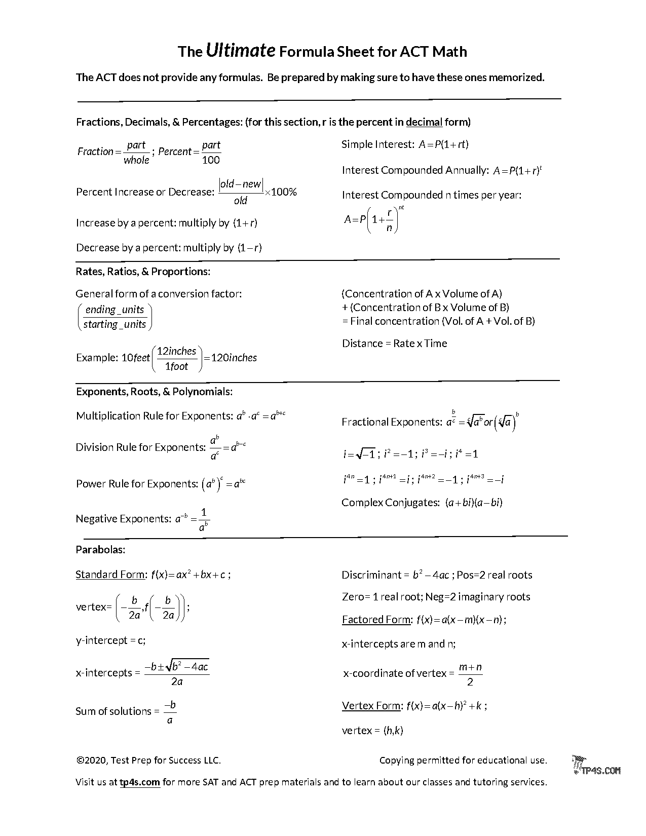 act math cheat sheet